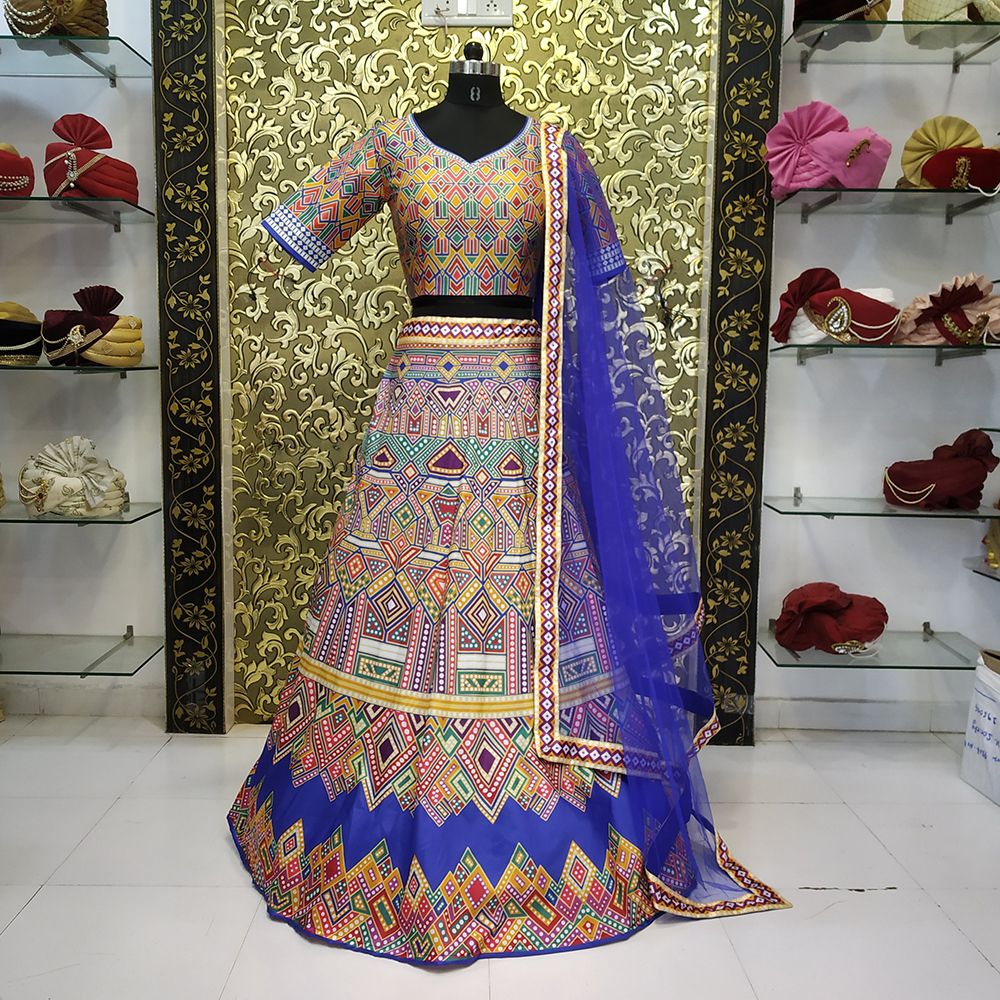 Royal Blue Lehenga Choli In Taffeta Silk With Femina Print