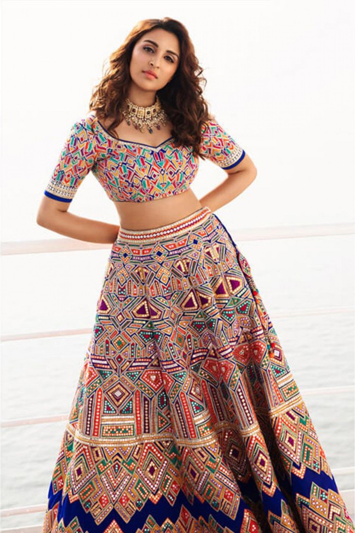 Royal Blue Lehenga Choli In Taffeta Silk With Femina Print