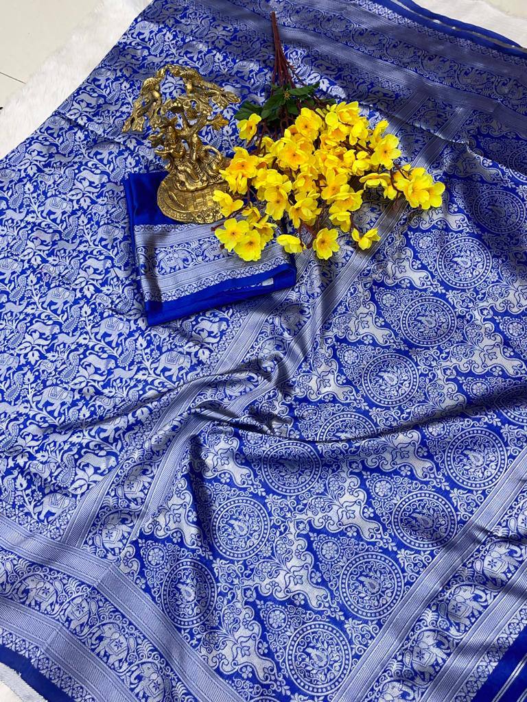 Royal Blue Lichi Silk Banarasi Saree With Blouse