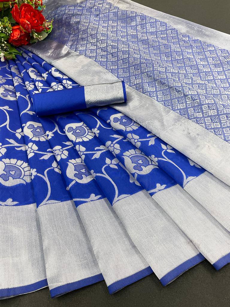 Royal Blue Lichi Silk Banarasi Saree With Blouse