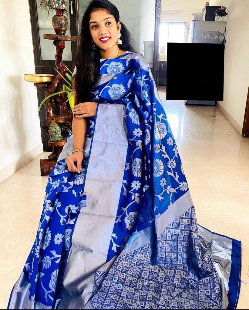 Royal Blue Lichi Silk Banarasi Saree With Blouse