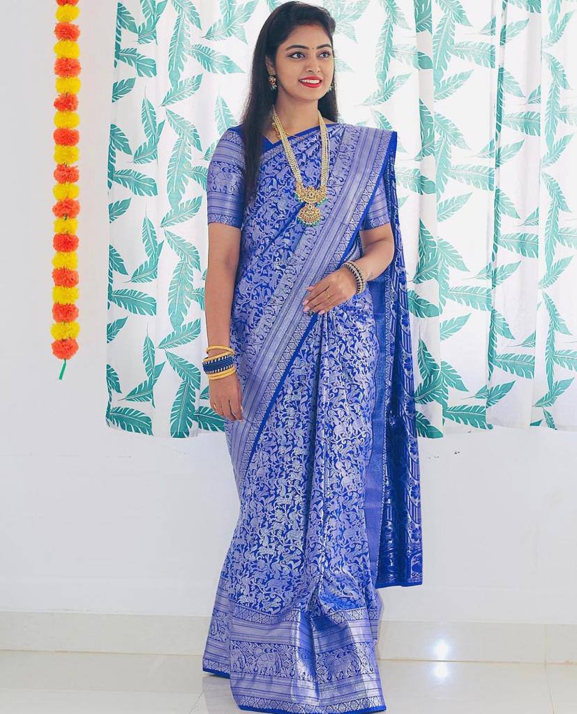 Royal Blue Lichi Silk Banarasi Saree With Blouse