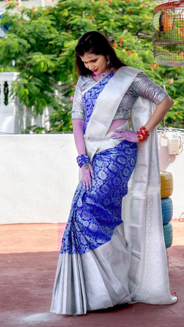 Royal Blue Lichi Silk Banarasi Saree With Blouse