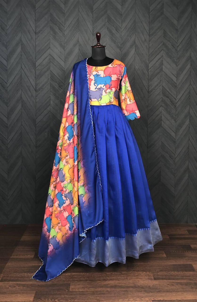 Royal Blue Satin Maslin Silk Digital Printed Gown