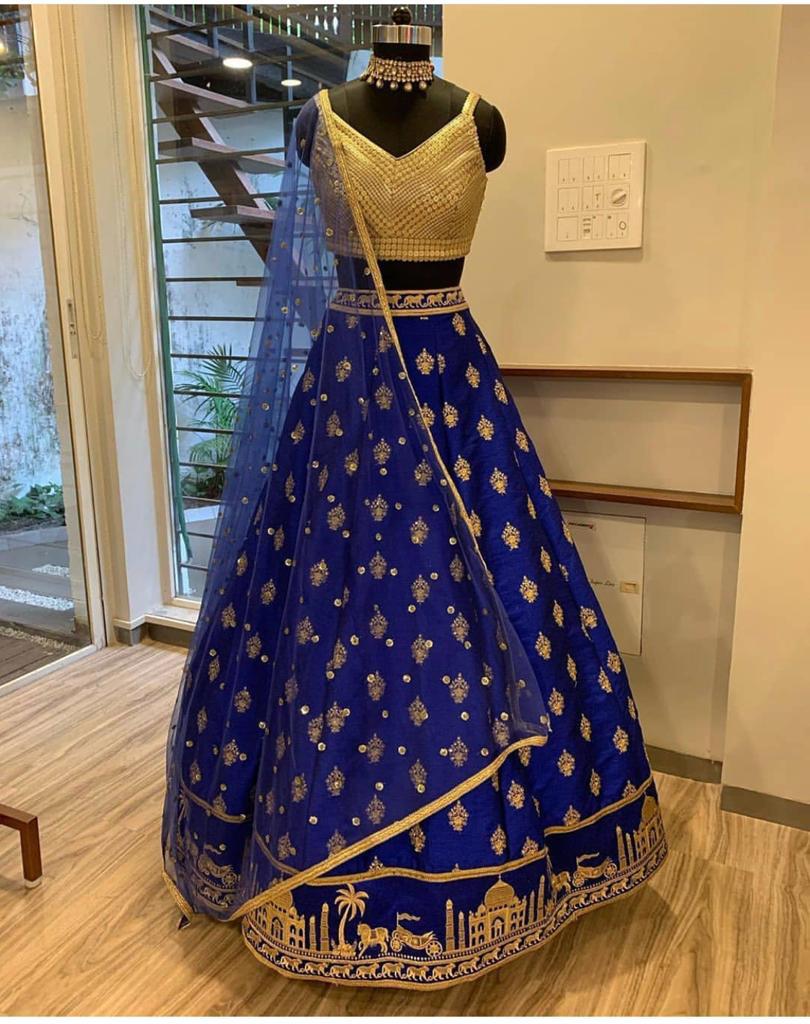 Royal Blue Lehenga Choli In Soft Taffeta Silk With Fancy Thread Work