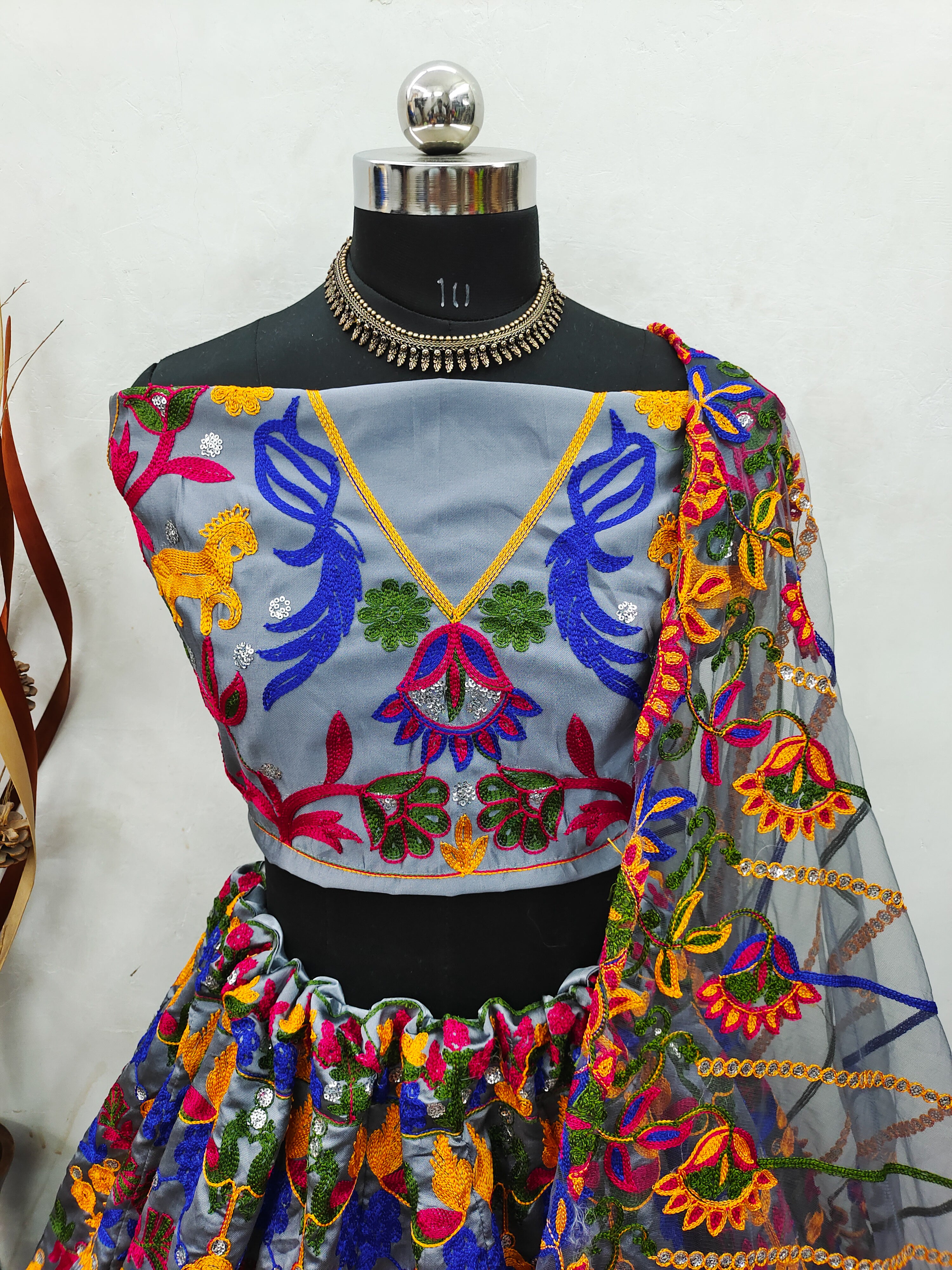 Gray Lehenga Choli In Taffeta Silk With Multi Colored Thread Work