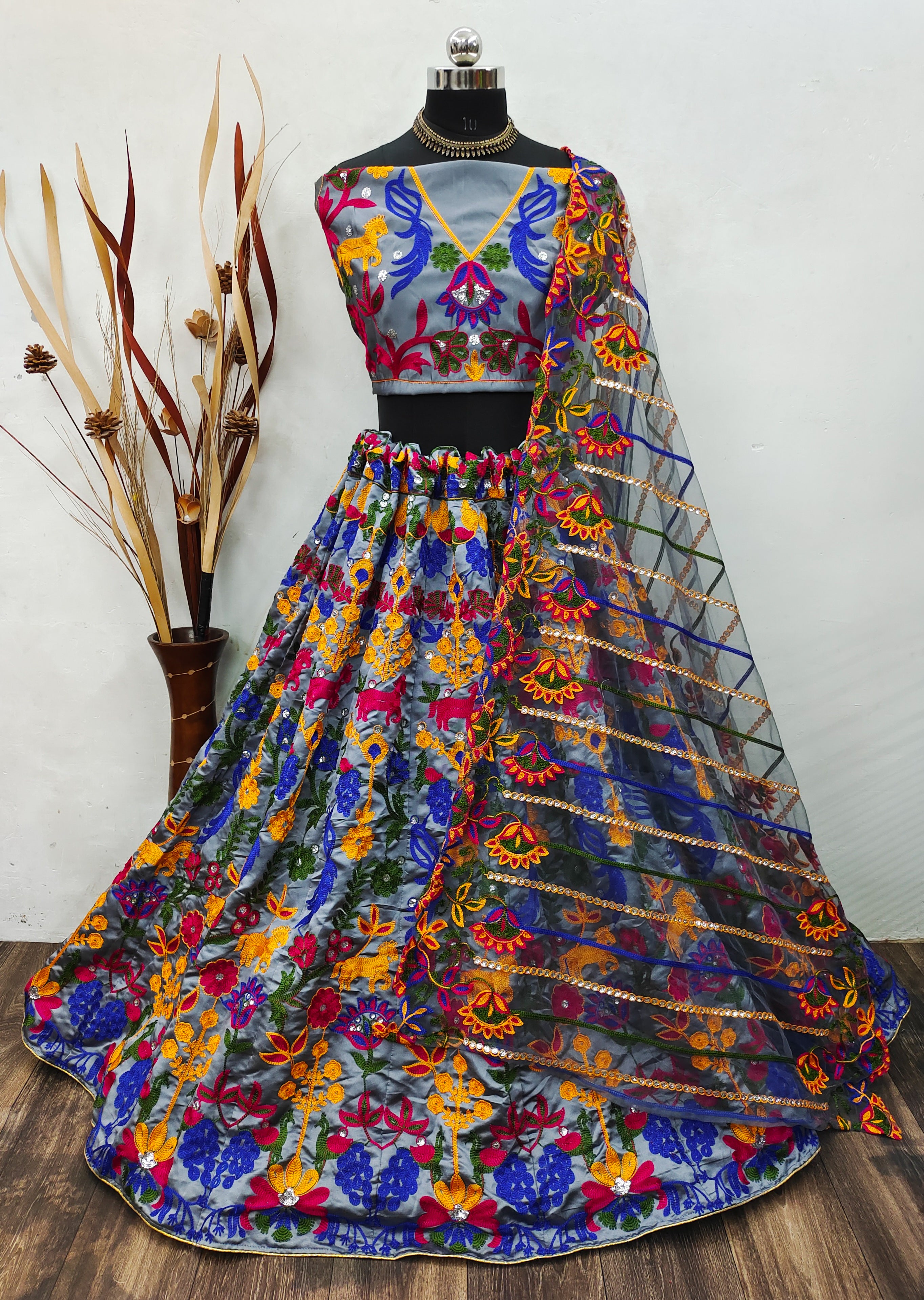 Gray Lehenga Choli In Taffeta Silk With Multi Colored Thread Work