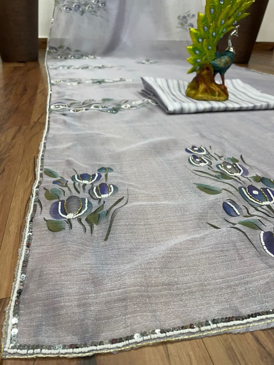 Silver Gray Saree In Organza Silk With Digital Print