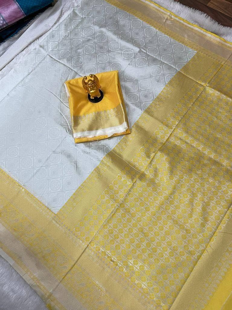 Silver Lichi Silk Banarasi Saree With Blouse