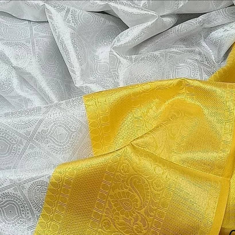 Silver Lichi Silk Banarasi Saree With Blouse