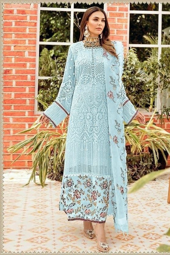 Sky Blue Salwar Suit In Fox Georgette With Chain Stitch Work