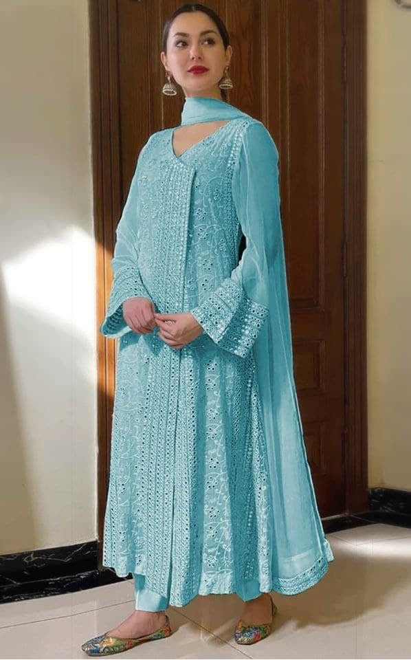 Sky Blue Salwar Suit In Georgette Silk With Sequence Embroidery Work