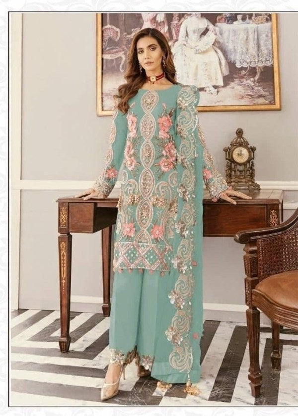 Sky Blue Palazzo Suit In Nylon Mono Net With Embroidery Work