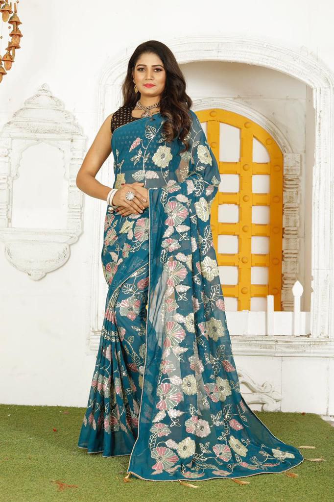 Rama Blue Saree In Fox Georgette With Embroidery Work