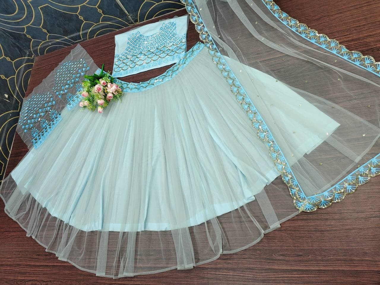 Sky Blue Lehenga Choli In Butterfly Mono Net With Chain Sequence Work