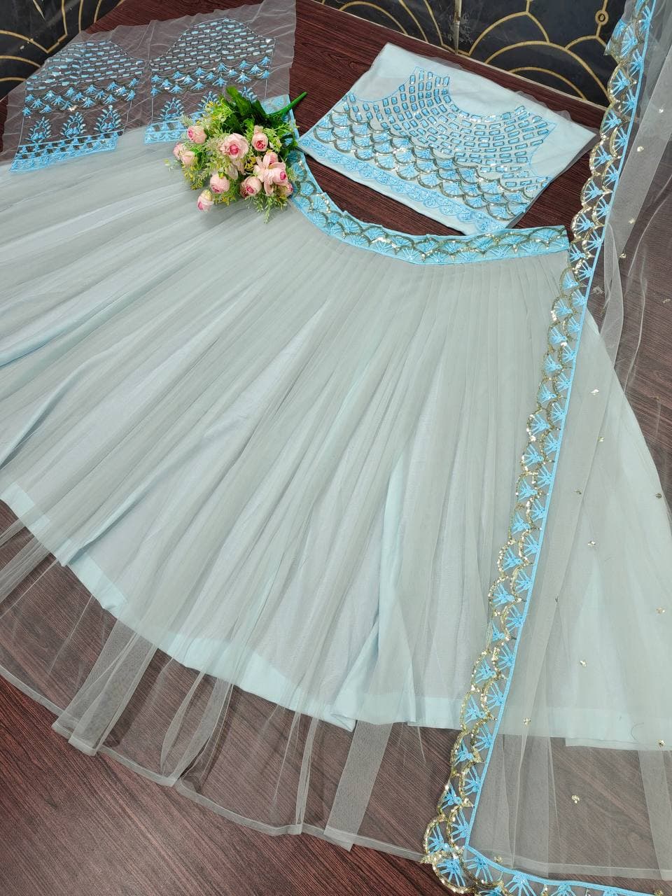Sky Blue Lehenga Choli In Butterfly Mono Net With Chain Sequence Work