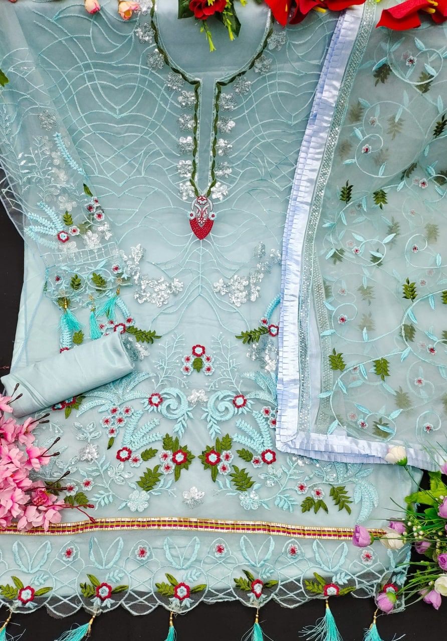 Sky Blue Salwar Suit In Butterfly Mono Net With Embroidery Work