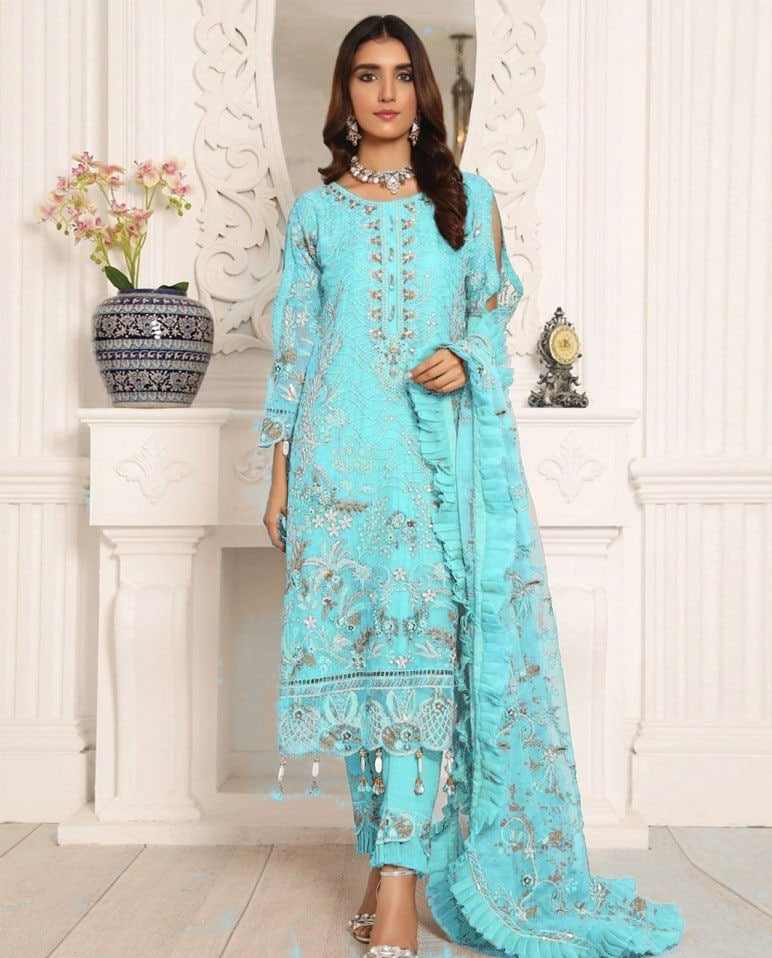 Sky Blue Salwar Suit In Butterfly Mono Net With Embroidery Work