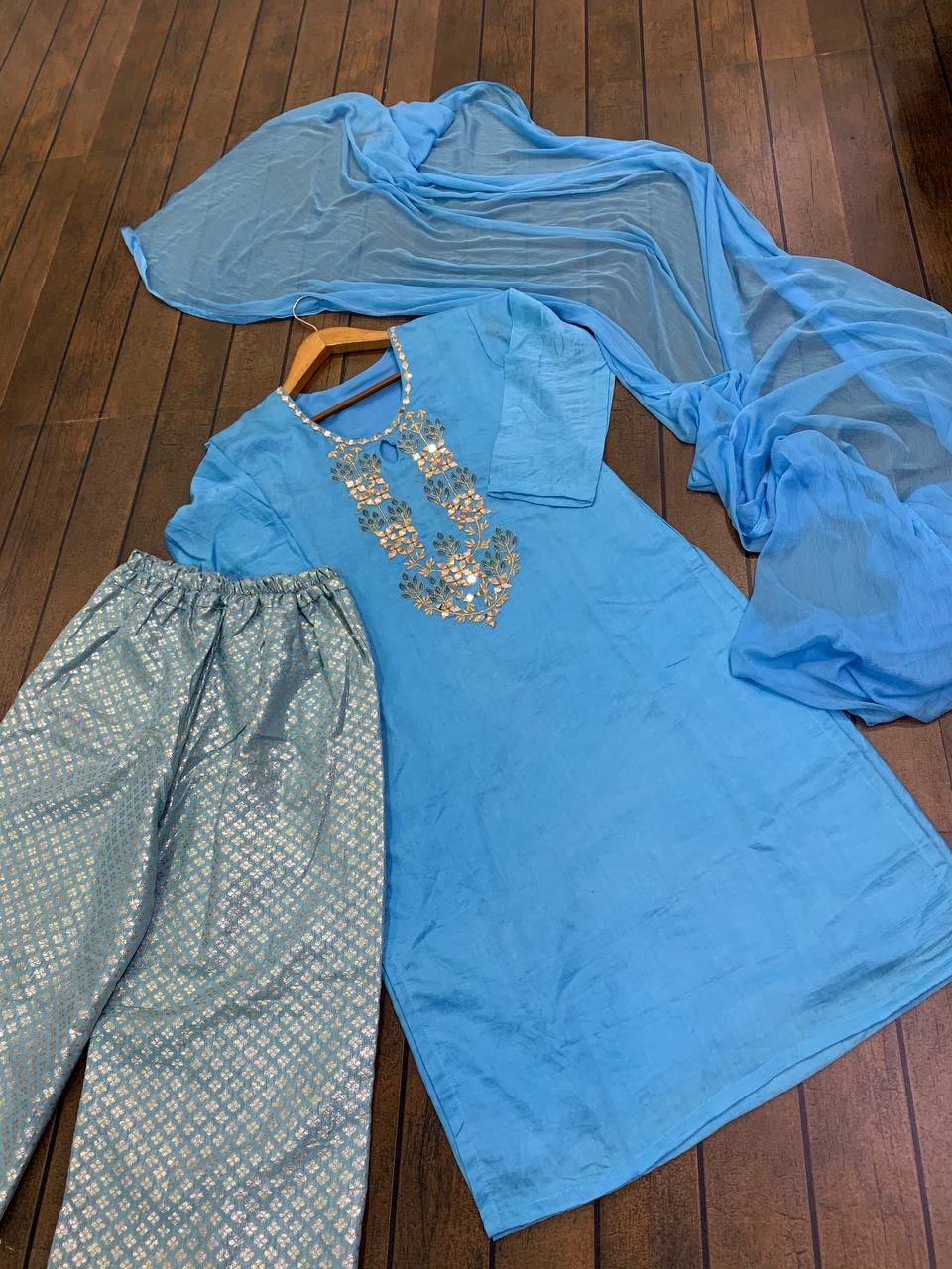 Sky Blue Palazzo Suit In Chanderi