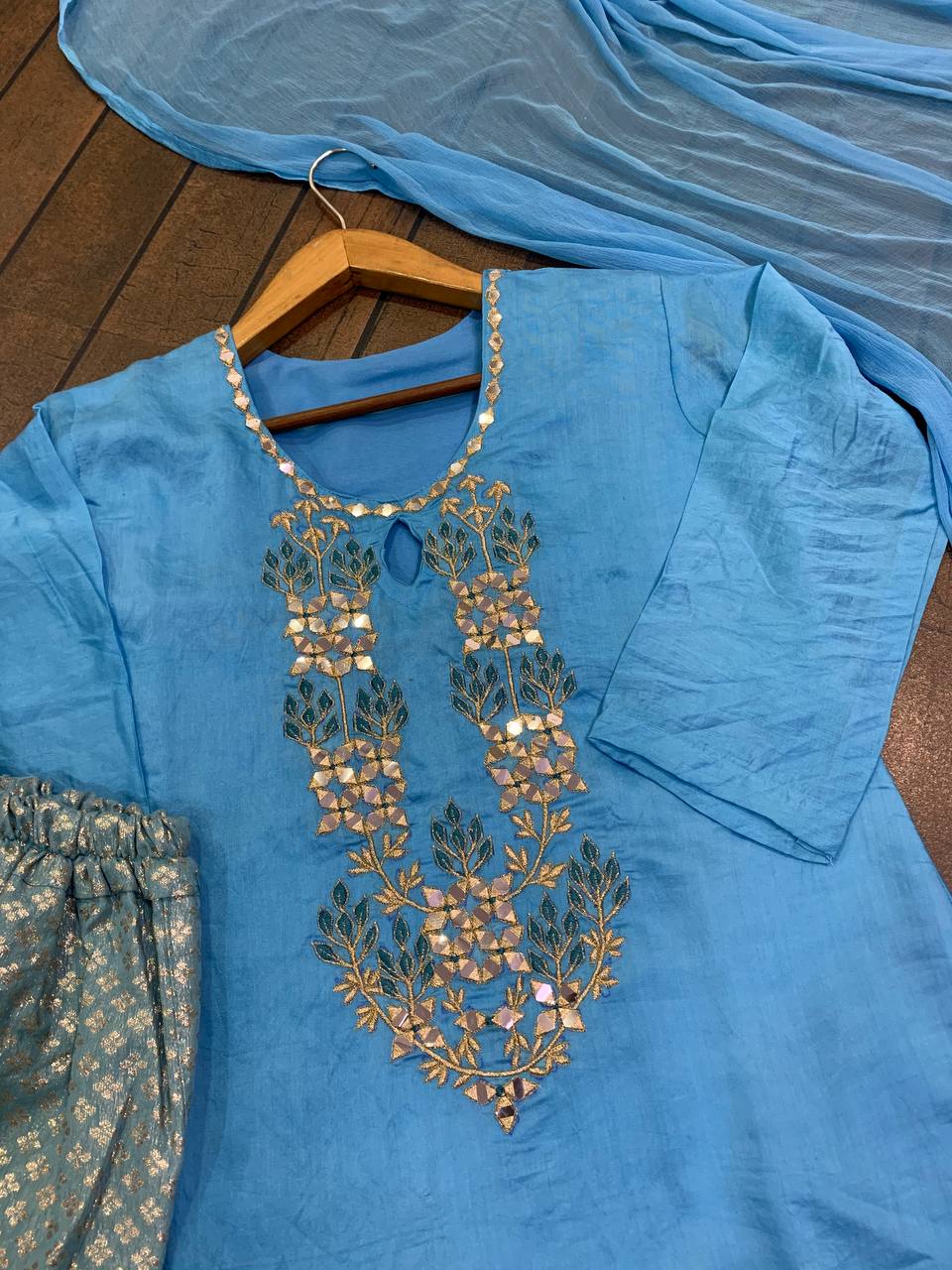 Sky Blue Palazzo Suit In Chanderi