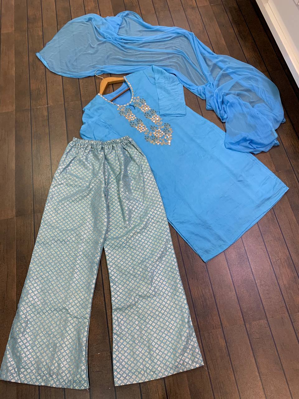 Sky Blue Palazzo Suit In Chanderi