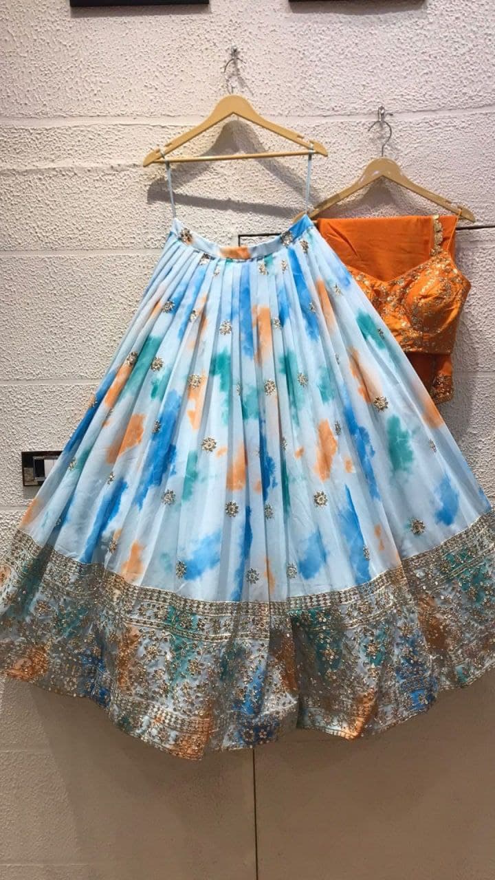 Sky Blue Lehenga Choli In Chinon Silk With Embroidery Work