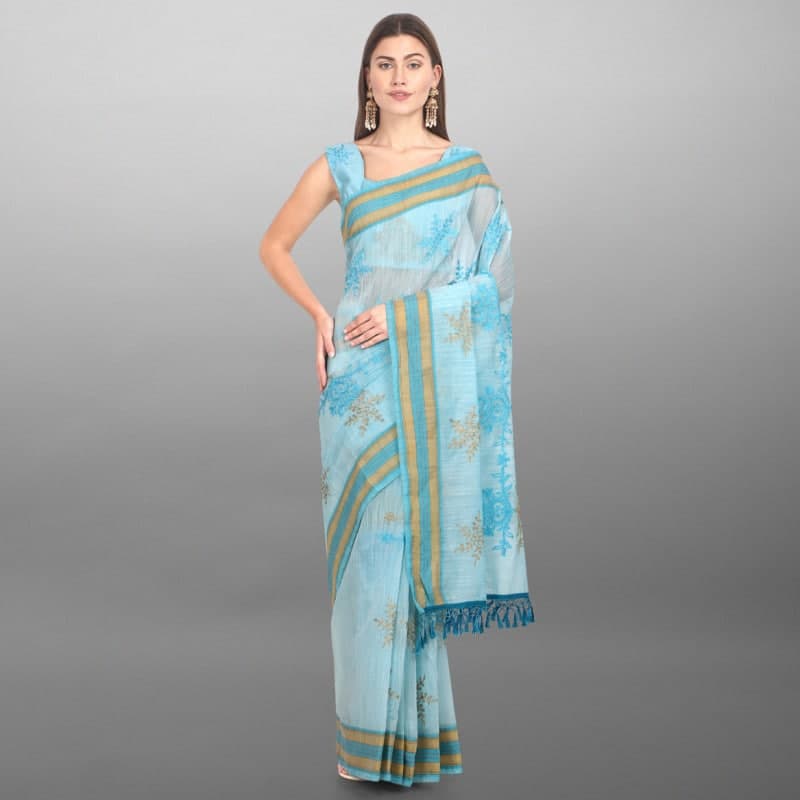 Sky Blue Saree In Cotton Silk With Embroidery Work