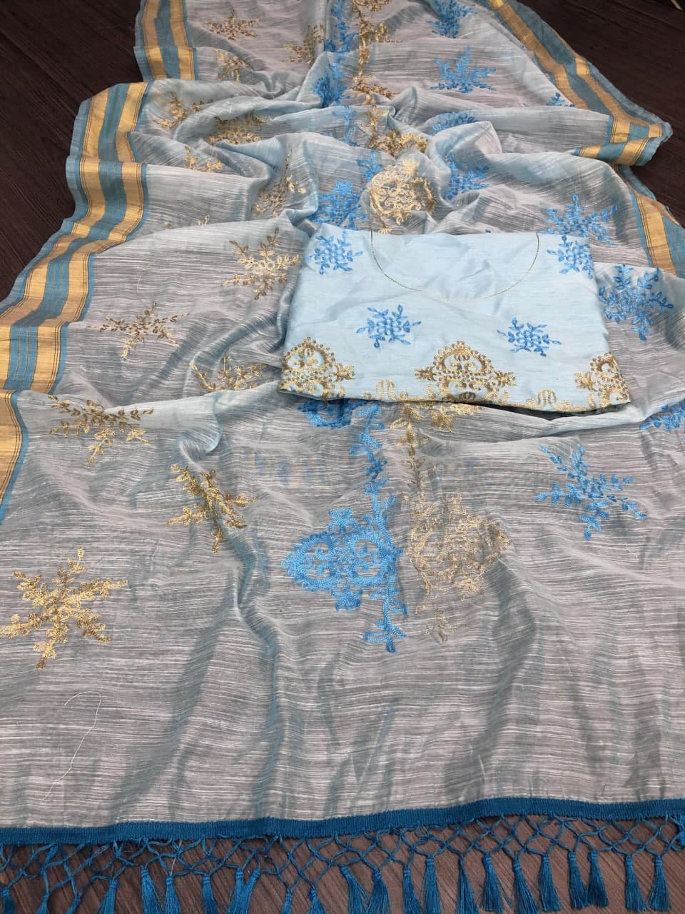 Sky Blue Saree In Cotton Silk With Embroidery Work