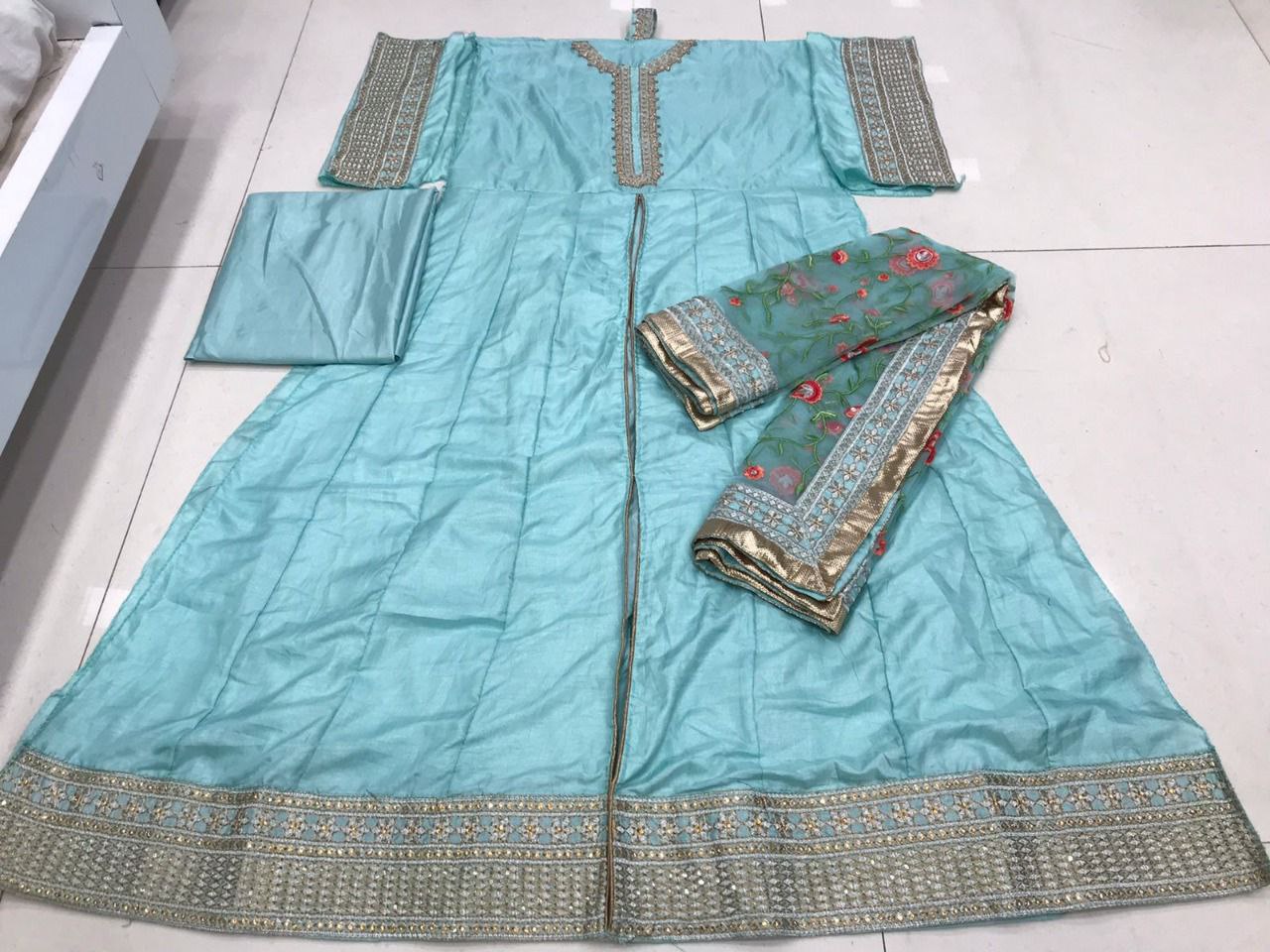 Sky Blue Anarkali Suit In Dola Silk With Embroidery Work