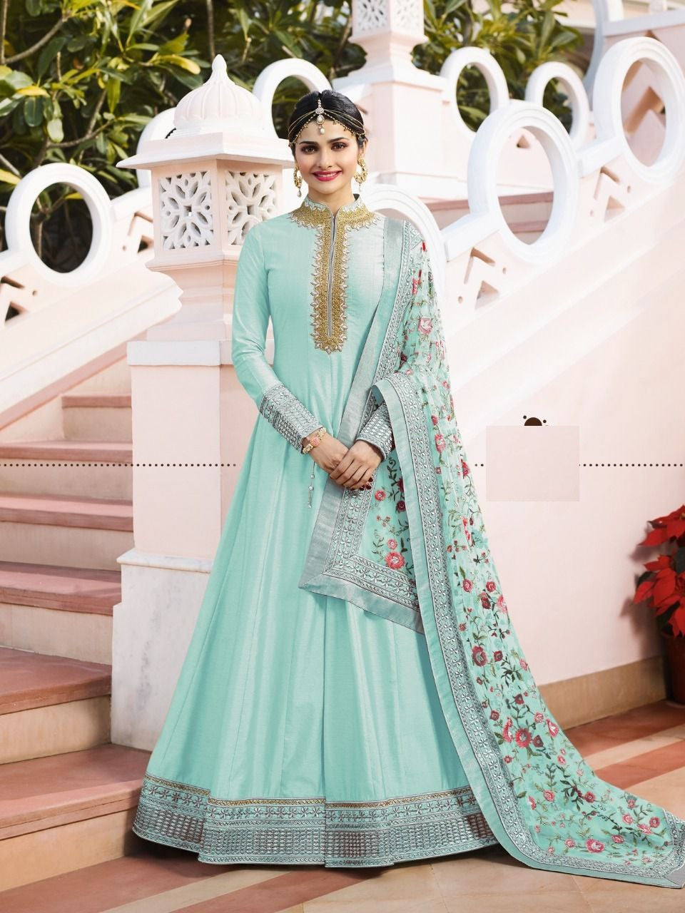 Sky Blue Anarkali Suit In Dola Silk With Embroidery Work