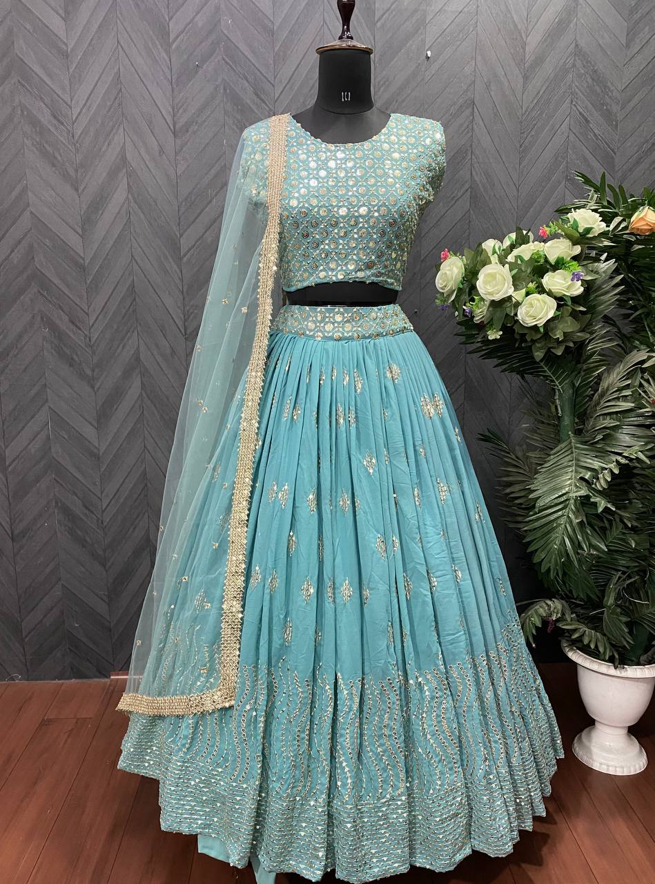 Sky Blue Lehenga Choli In Fox Georgette With 5 MM Sequence Work