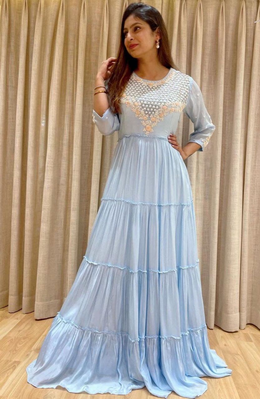 Sky Blue Salwar Suit In Fox Georgette With Embroidery Work