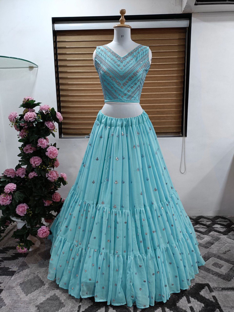 Sky Blue Lehenga Choli In Fox Georgette With Embroidery Work