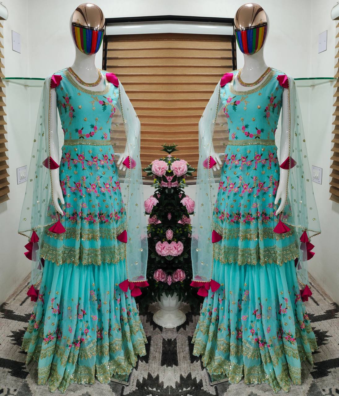 Sky Blue Sharara Suit In Fox Georgette With Embroidery Work