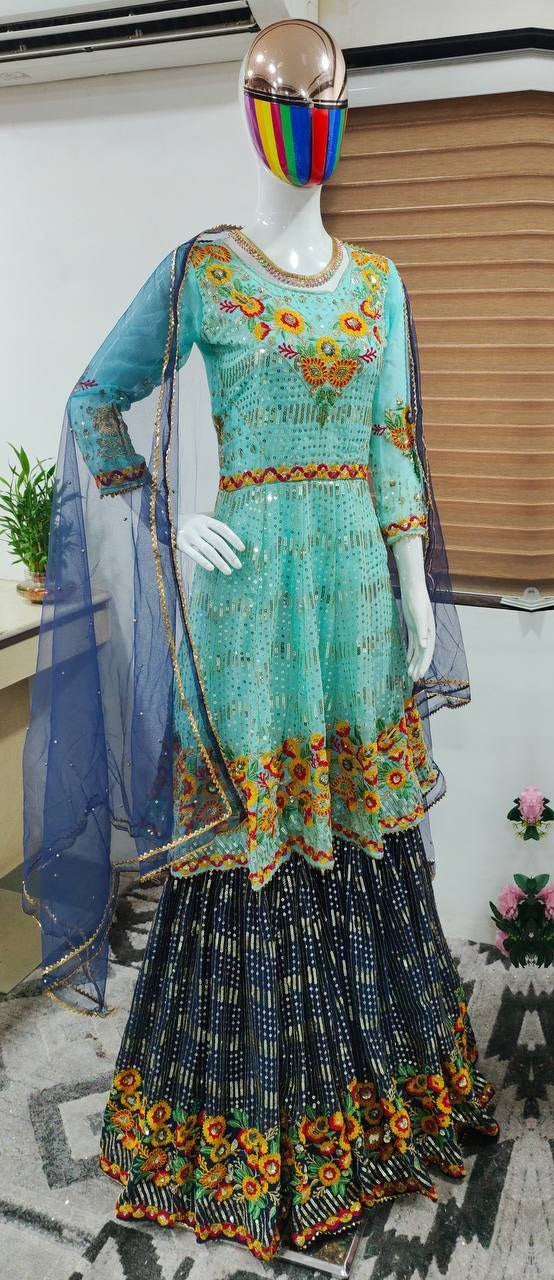 Sky Blue Salwar Suit In Fox Georgette With Embroidery Work