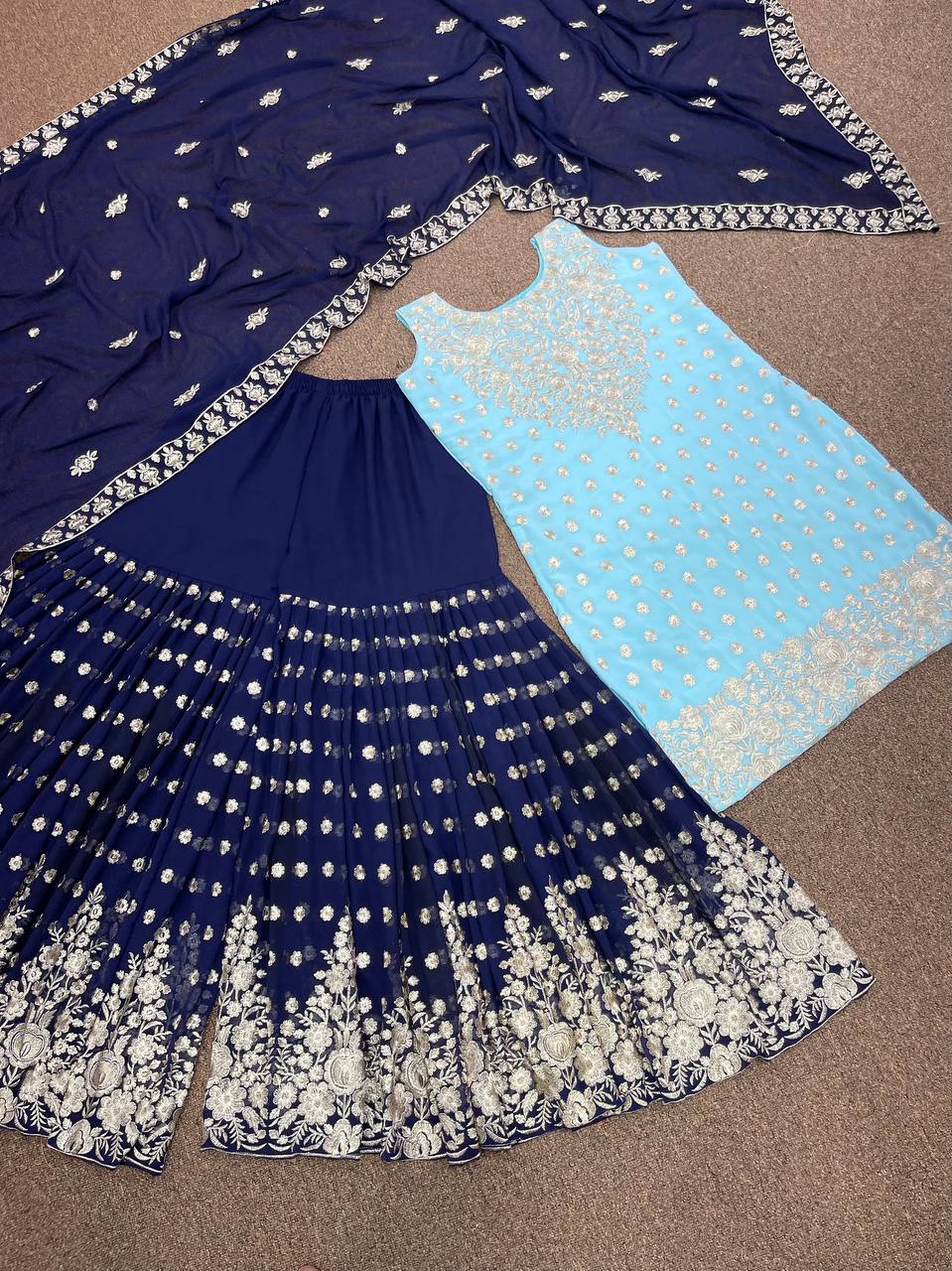 Sky Blue Sharara Suit In Fox Georgette With Embroidery Work