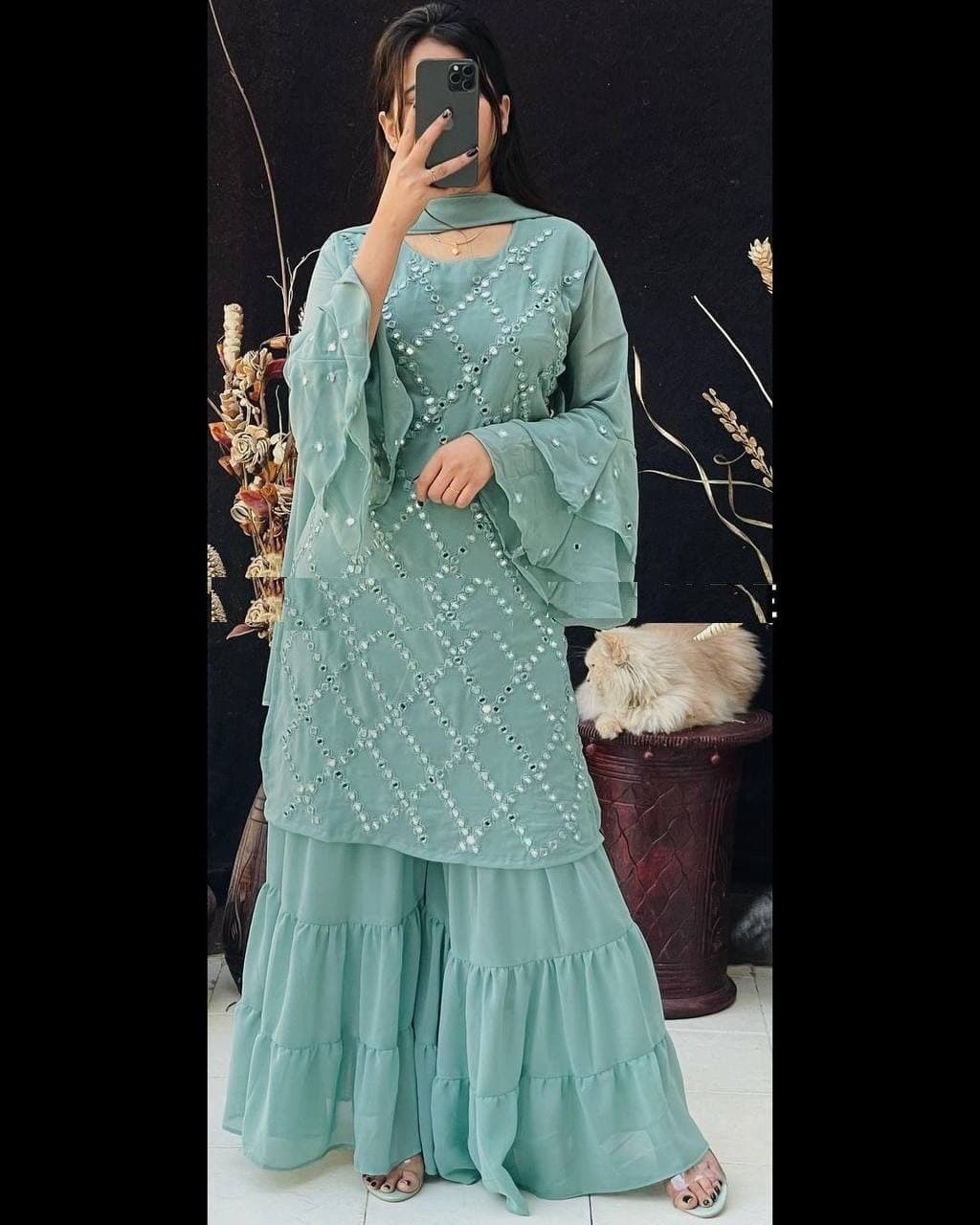 Sky Blue Sharara Suit In Fox Georgette With Mirror Paper Embroidery Work
