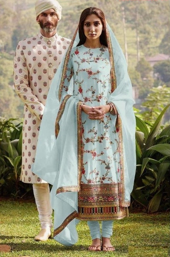 Sky Blue Salwar Suit In Fox Georgette With Multi Thread Embroidery Work