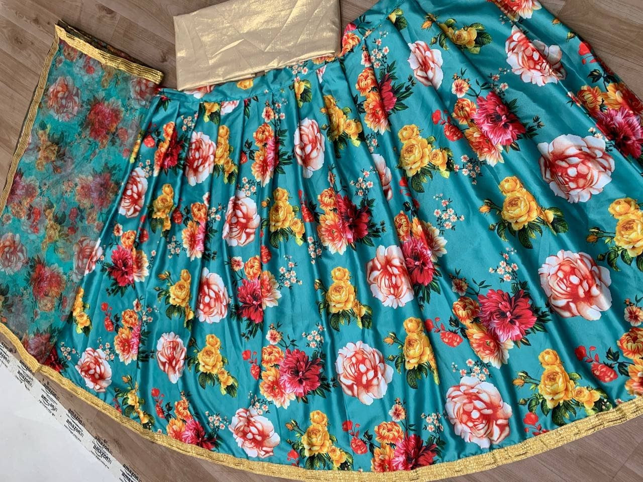 Sky Blue Lehenga Choli In French Satin With Digital Print