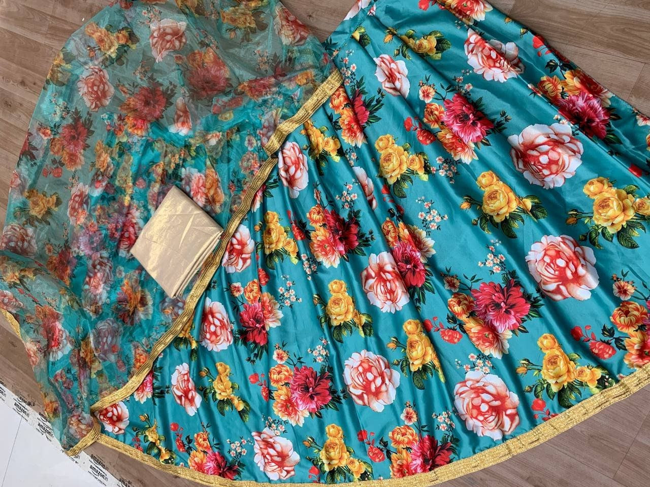 Sky Blue Lehenga Choli In French Satin With Digital Print