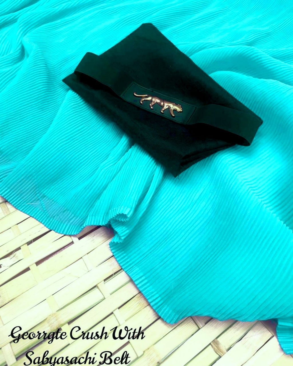 Sky Blue Georgette Silk Blunt Crush Saree With Belt