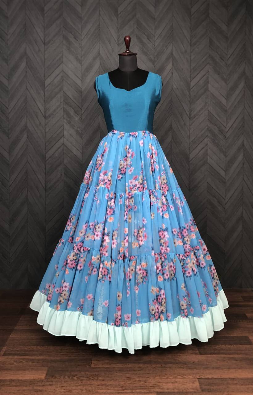 Sky Blue Georgette Silk Digital Printed Gown