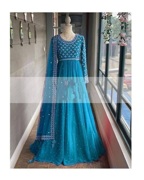 Sky Blue Anarkali Suit In Georgette Silk With Embroidery Work