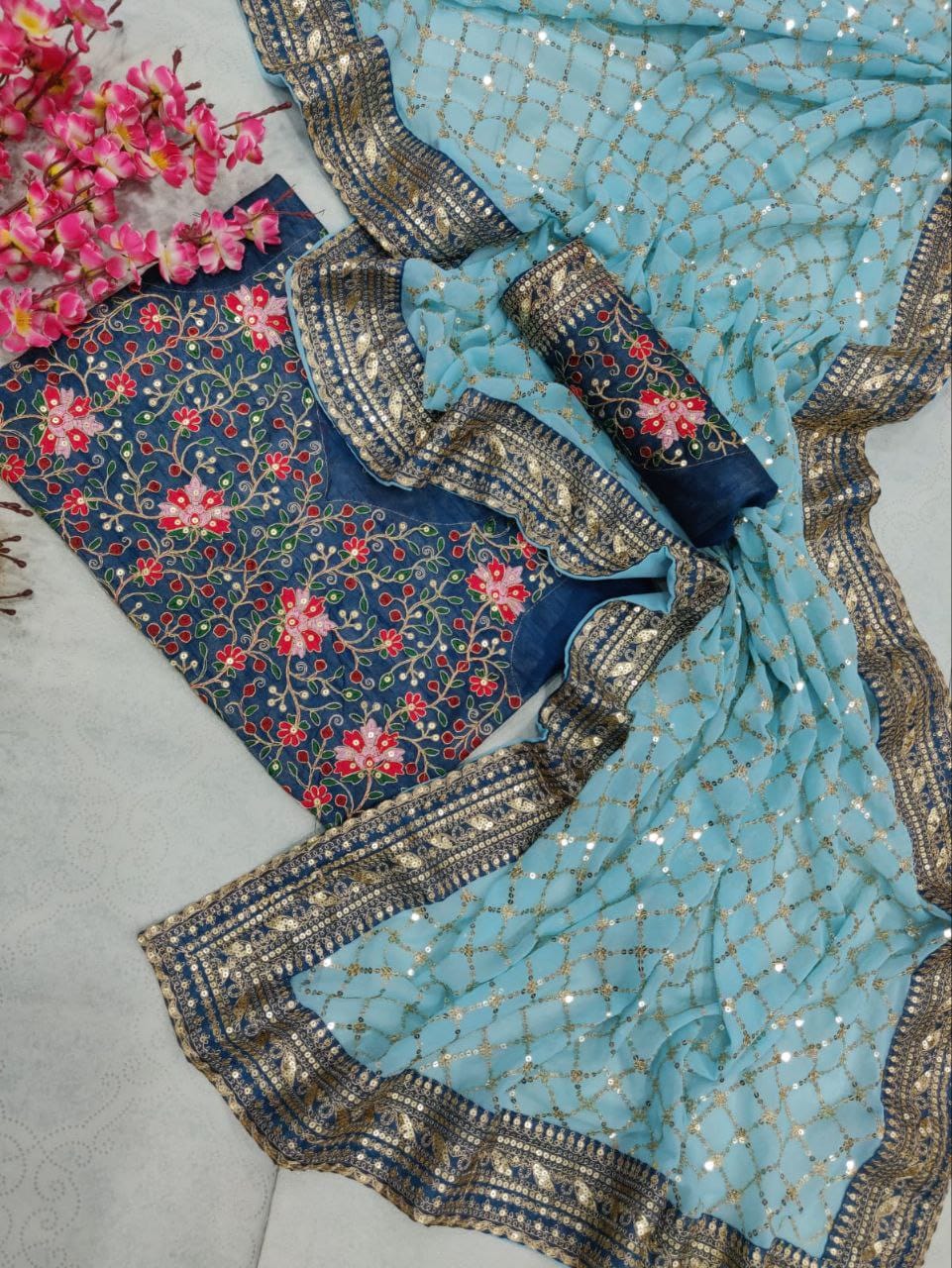 Sky Blue Saree In Georgette Silk With Embroidery Work