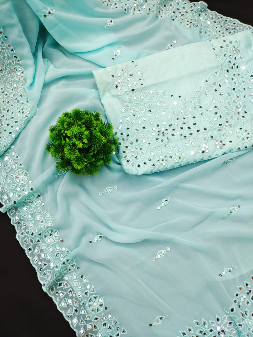 Sky Blue Saree In Georgette Silk With Embroidery Work