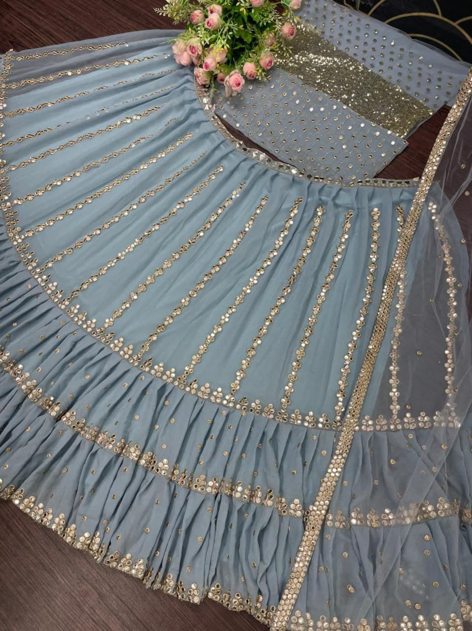 Sky Blue Lehenga Choli In Georgette Silk With Foil Mirror Work