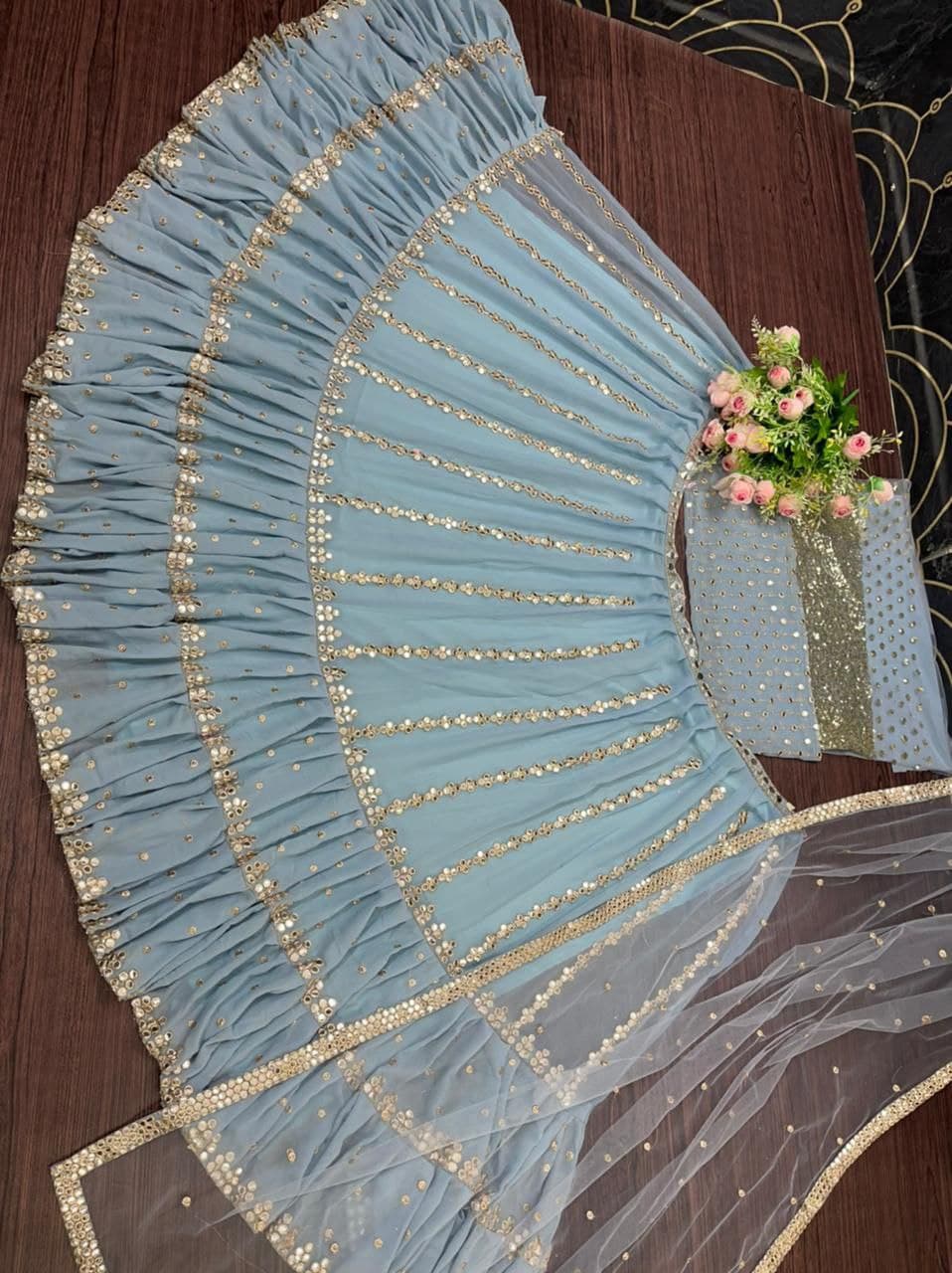 Sky Blue Lehenga Choli In Georgette Silk With Foil Mirror Work