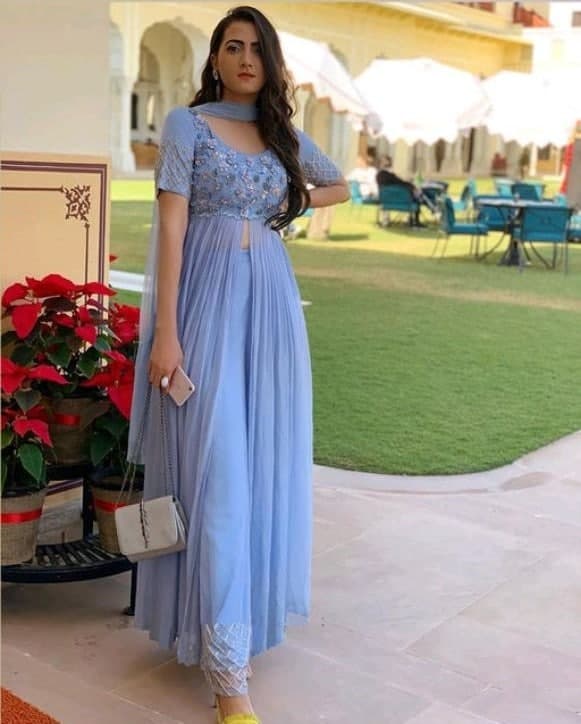 Sky Blue Salwar Suit In Georgette Silk With Resham Work