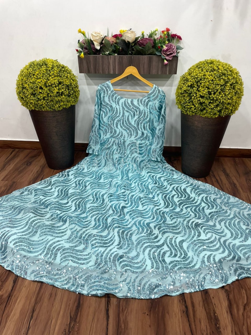 Sky Blue Georgette Silk Sequence Work Gown