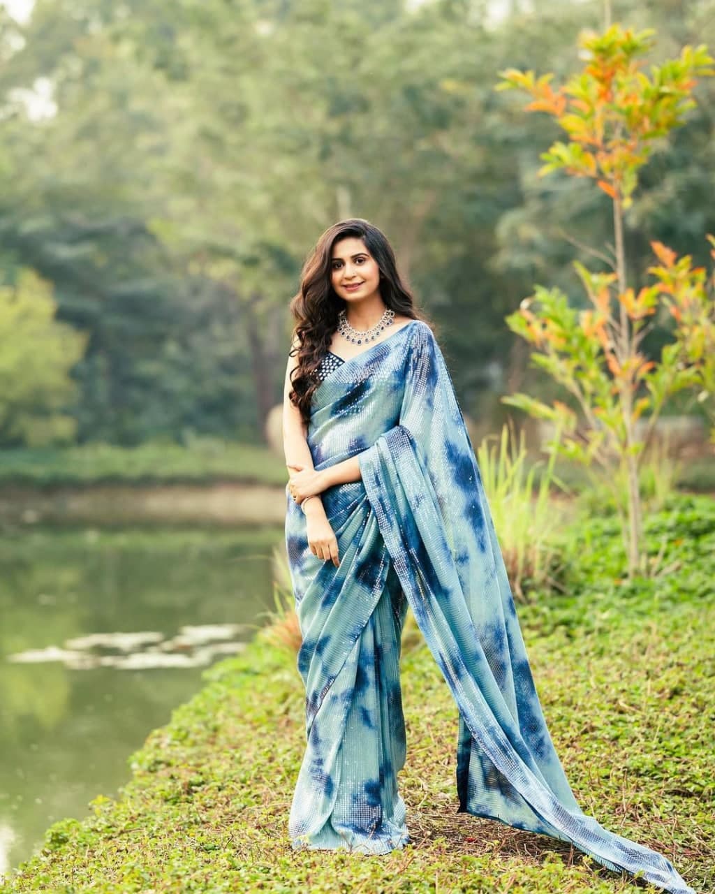 Sky Blue Saree In Georgette Silk With Sequence Work